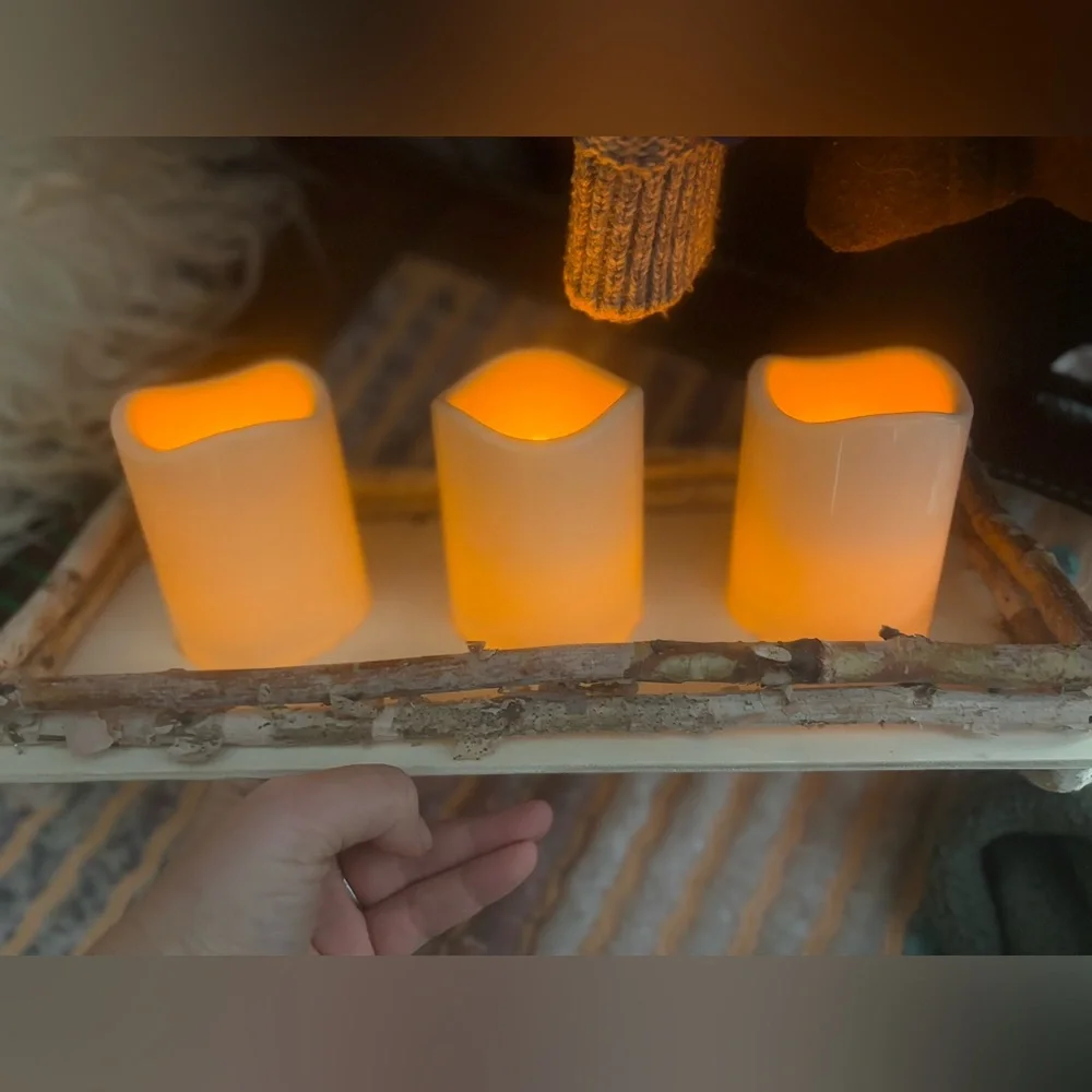 RUSTIC Cabin Wooden 3 Wick-less Battery Operated Candle Holder Decor Warm Yellow